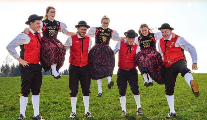 Sieben Tänzerinnen und Tänzer der Trachtentanzgruppe springen in Tracht auf einer Wiese